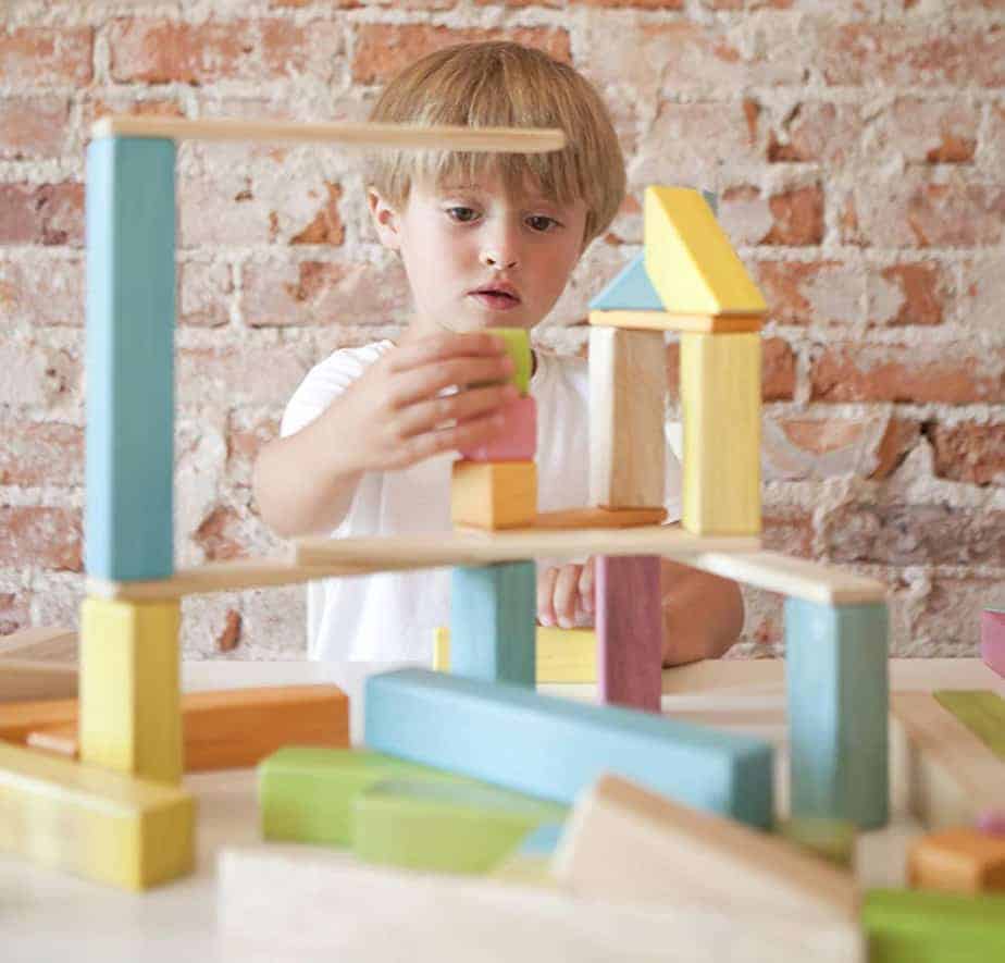 Boy plays with tegu blocks